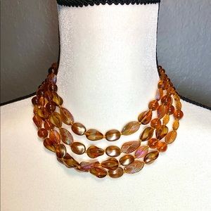 VTG Amber Iridescent Glass Multi-strand Necklace